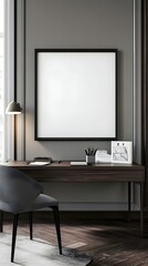 A modern office space with dark wooden furniture, monochrome artwork, and a framed blank canvas.