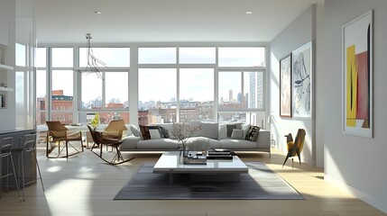 A modern, open-concept studio with floor-to-ceiling windows and a centered blank white frame.