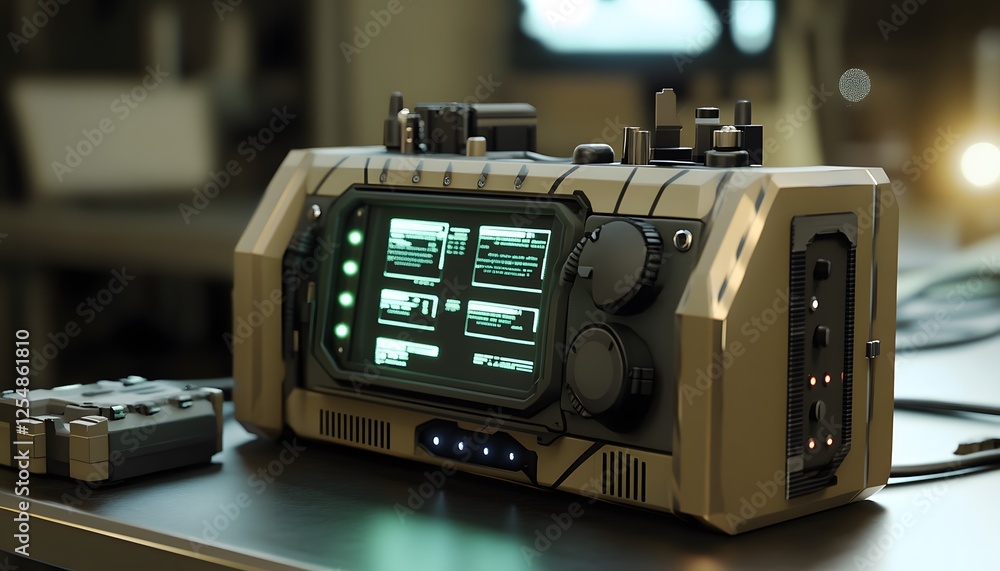 Poster high tech futuristic device displays complex data on glowing screen