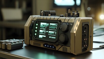 High tech futuristic device displays complex data on glowing screen