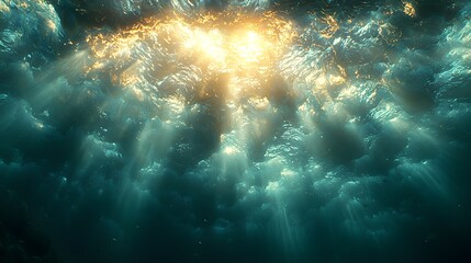Tranquil underwater perspective looking up at the ocean s surface with golden sunlight shimmering through the waves and creating a beautiful gradient of blues