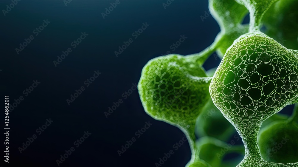 Poster climate impact microscopic idea. close-up view of green algae cells showcasing unique structures and