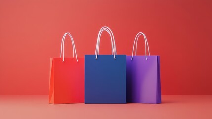 Contemporary shopping bag arrangement, rich coral red tote, azure blue carrier, violet purple bag, glossy material finish, crisp white handles, minimalist retail display, luxury product presentation
