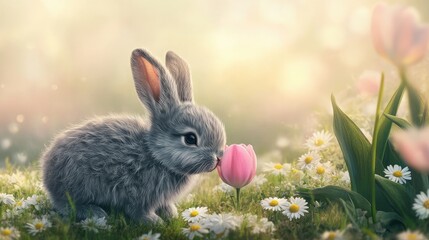Fototapeta premium A playful gray bunny with fluffy fur, sniffing a pink tulip on a meadow filled with daisies, with a soft pastel-colored sky in the distance
