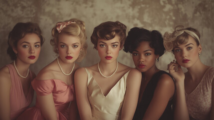 Obraz premium International Women's Day. Elegant group portrait of women styled in classic vintage fashion with pearls, red lipstick, and retro hairstyles against a textured background.
