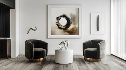 A modern reception area with abstract sculptures, velvet chairs, and a perfectly centered white frame.