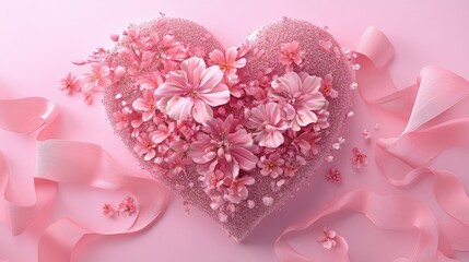 Fototapeta premium A radiant heart-shaped decor piece with pink flowers, glittering details, and delicate ribbons on a smooth pink backdrop.