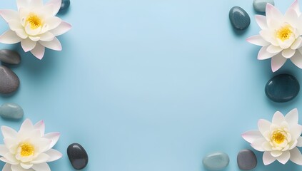 light blue background with lotus flowers and small stones for elegant presentations and branding