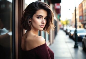 A woman with short, wavy brown hair, wearing a burgundy off-shoulder top