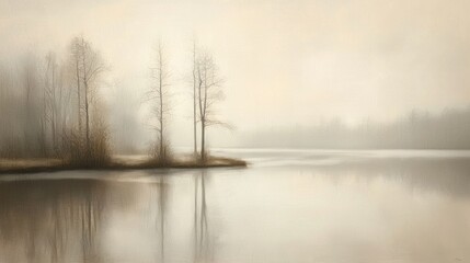 Obraz premium Misty Morning Lake: Tranquil Reflections of Bare Trees
