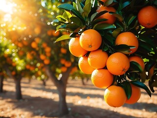 oranges on tree. orange tree with fruits. Abundant oranges on a tree branch.  Ripe oranges hanging heavy on a tree.  Orange tree laden with fruit.  