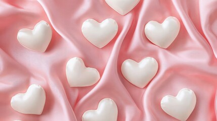 A romantic flat-lay of white satin hearts on a seamless pink satin background, evoking a soft and cozy feel