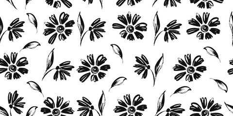Floral Seamless Pattern with Black Flower Heads, Leaves and Branches. Modern grunge silhouettes and bulky ink herbs. Hand painted plants isolated on cream background