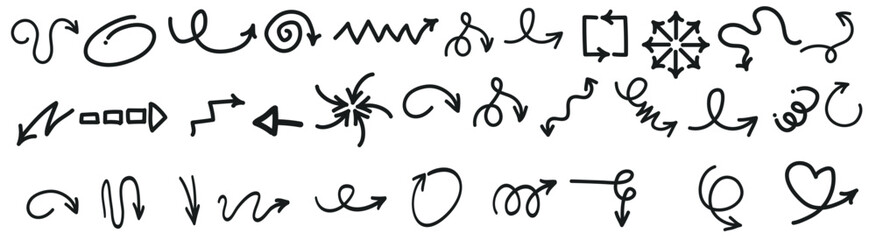 Crayon Arrows Squiggle Vector Set. Chalk Scribble Pointer Shapes Collection. Colorful Hand Drawn Brush Texture Spiral Swirls. Pencil Emphasis Elements Charcoal Doodle Curved Symbols Bundle