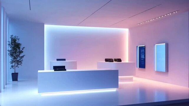 White room with a blue wall and a green plant. The room is empty and has a modern feel
