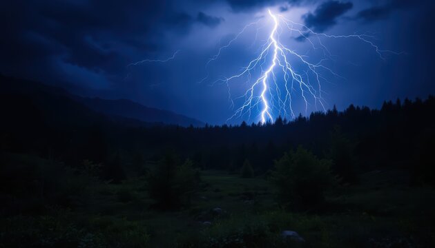 Dramatic Lightning Storm Over Mountain Forest at Night