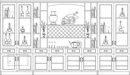 vector sketch illustration silhouette design furniture classic vintage ethnic modern wine cabinet and wine bottle © jihan