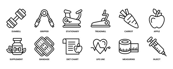 Naklejka premium Icon set for health and fitness theme. Sports equipment and healthy food for a fit life.