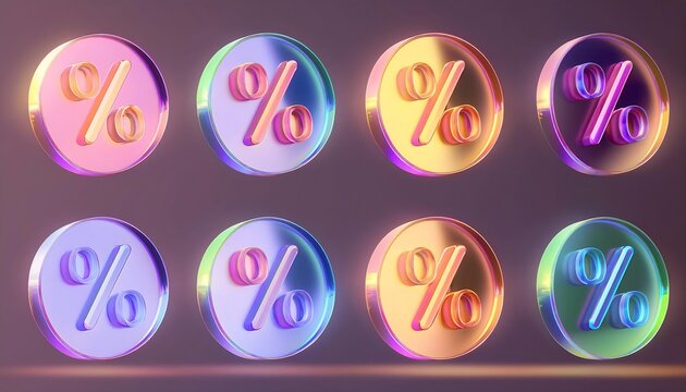 3d set of glass holographic circle sale tag or label with percent sign. Rainbow round shopping discount badge with percentage render icon. Crystal bonus, price or offer with gradient. 3D illustration