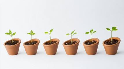 Growing plants in terracotta pots, white background, growth concept, business illustration