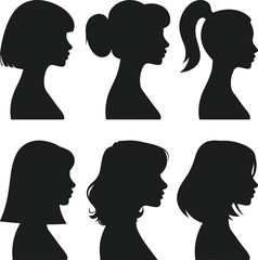 Set of Elegant Woman Profile Silhouettes with Different Hairstyles – Vector Illustration