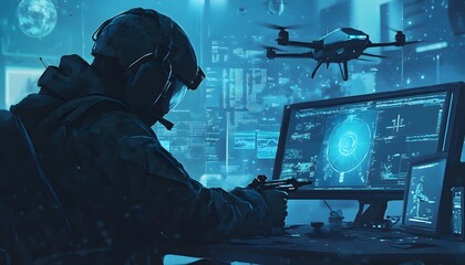 A soldier monitors drone footage on a high tech display