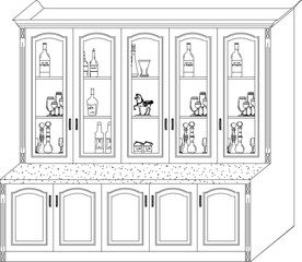 vector sketch illustration silhouette design classic vintage ethnic furniture wine cabinet and wine bottle 