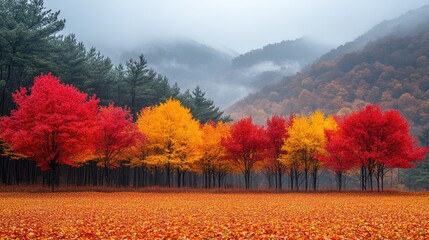 Vibrant autumn landscape showcasing colorful trees in a serene valley with misty mountains