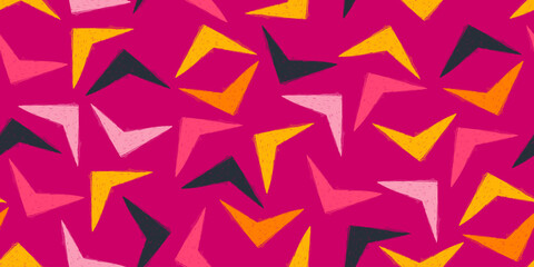 Seamless Pattern with Colorful Triangle Shapes. Retro geometric wallpaper. Pencil naive cartoon drawings with hand drawn texture, modern background with freehand design