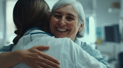 A heartfelt moment of camaraderie between two healthcare professionals in a medical setting.