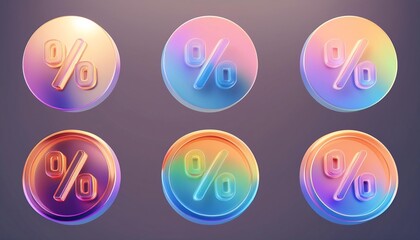 3d set of glass holographic circle sale tag or label with percent sign. Rainbow round shopping discount badge with percentage render icon. Crystal bonus, price or offer with gradient. 3D illustration