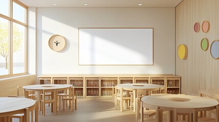 Modern classroom interior with wooden furniture, large windows, and colorful wall decor