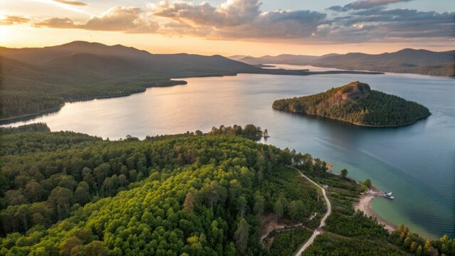 Burabay's Zhumbaktas Island: Sunset bokeh photography captures breathtaking lake views.