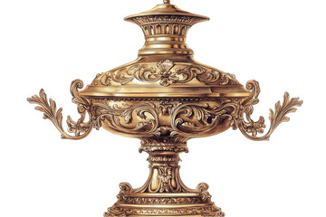 Intricate Vintage Golden Ornate Urn with Detailed Design Isolated on White Background