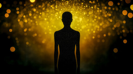 Silhouette of person emerging from golden light and glitter