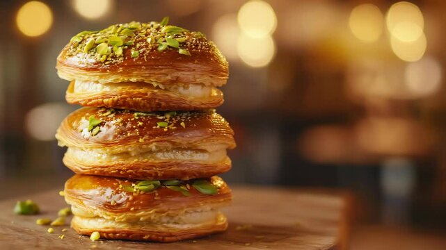 A stack of crispy golden baklava topped with crushed pistachios, glistening under warm ambient lighting