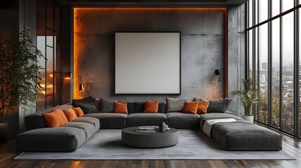 A moody industrial-inspired apartment with low-hanging lights and a framed white canvas.