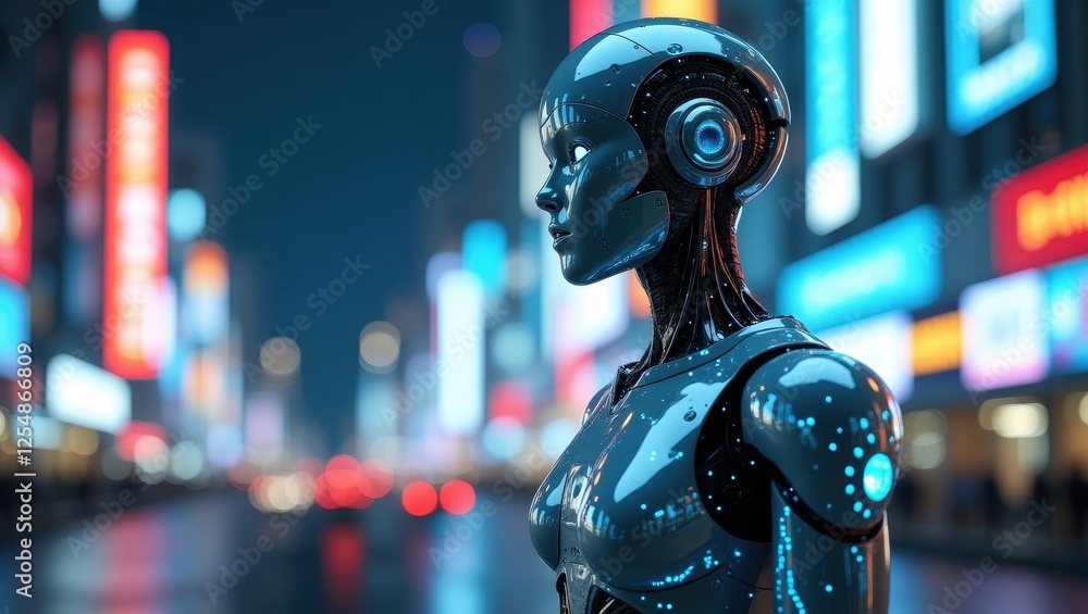 Poster exploration of quantum ai technology in a futuristic urban environment with neon lights illuminating