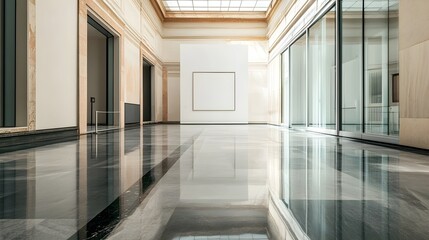 Obraz premium A museum-inspired interior with marble flooring, glass walls, and an empty white frame.