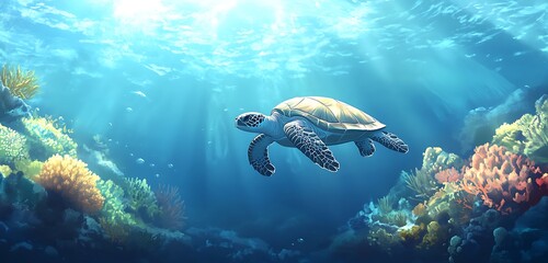 Fototapeta premium Serene Tortoise Swimming Underwater Among Colorful Marine Life