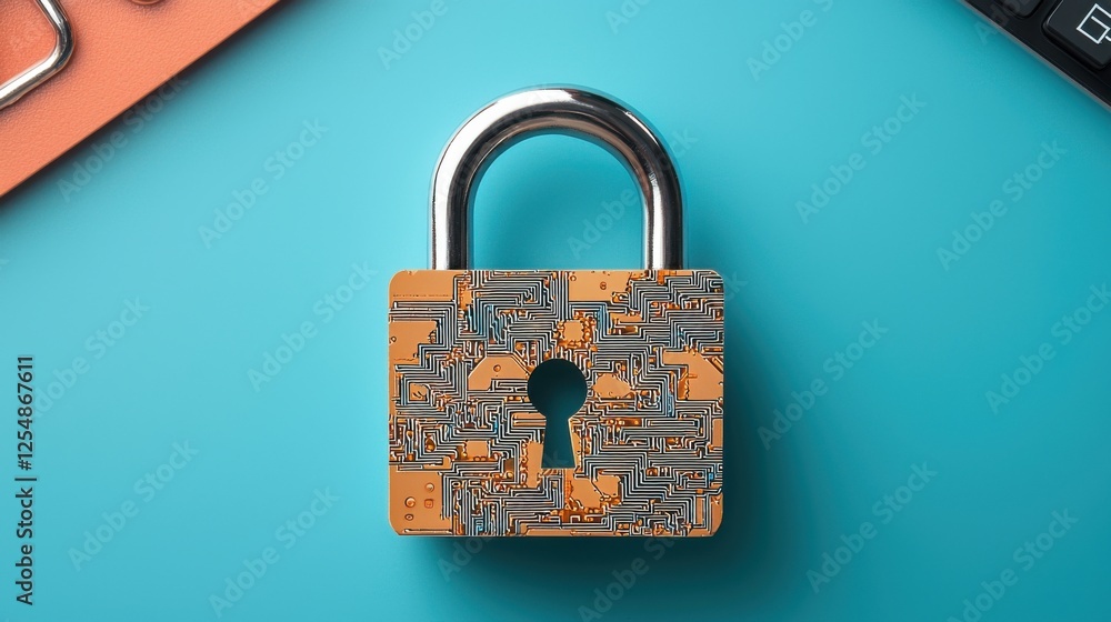 Poster digital padlock with circuit patterns on a bright blue background