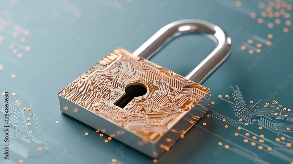 Poster digital padlock with circuit patterns on teal background