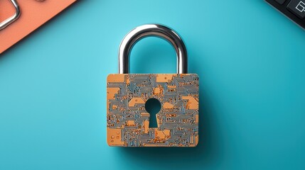 Digital Padlock with Circuit Patterns on a Bright Blue Background