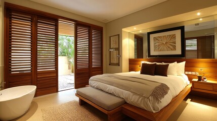 Fototapeta premium Luxurious Tropical Bedroom Interior Design with Wooden Shutters and Modern Bed