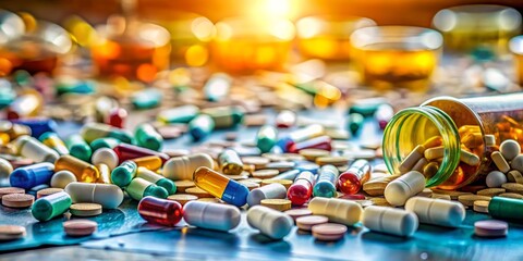 Colorful Variety of Pills and Capsules on a Table with Bottles