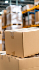 Cardboard boxes stacked in warehouse industrial storage area for logistics and shipping concept