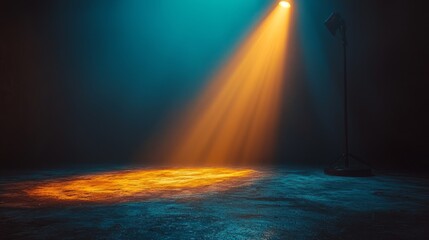 Empty stage lit by spotlight, dramatic lighting, photorealistic scene, background for product presentation