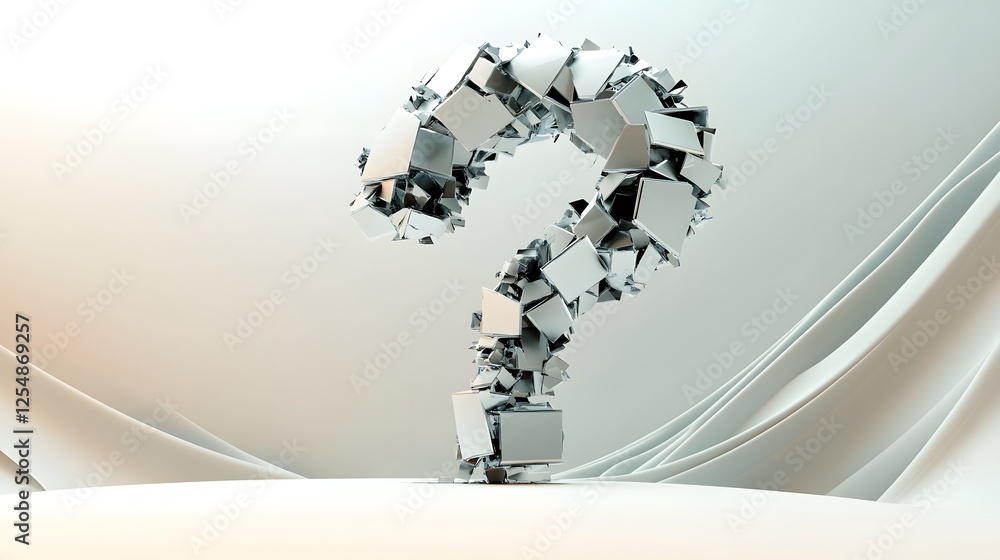 Poster metallic question mark formed from fragmented cubes in studio setting