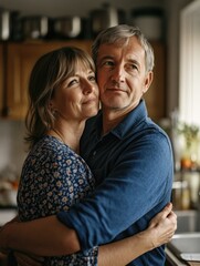 Fototapeta premium An image showcasing a tender moment between an older couple, embracing in their home kitchen. The man and woman share a heartfelt hug, embodying the warmth of familial love and companionship that