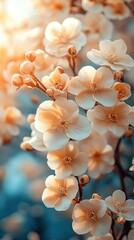Delicate peach blossoms in soft sunlight, creating a serene atmosphere in a garden